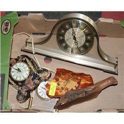 FLAT WITH ASSORTED MANTLE CLOCKS INCL POTASH FROM