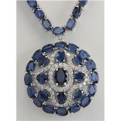 57.24CTW Natural Blue Sapphire And Diamond Necklace In 14K White Gold