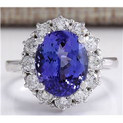 6.10CTW Natural Blue Tanzanite And Diamond Ring 14K Solid White Gold