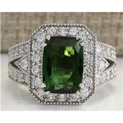 4.72CTW Natural Green Tourmaline And Diamond Ring 14K Solid White Gold