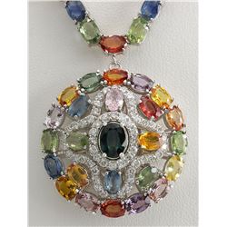 54.53CTW Natural Ceylon Sapphire And Diamond Necklace In 14K White Gold