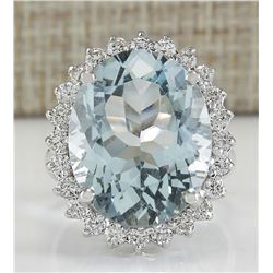 13.42CTW Natural Blue Aquamarine And Diamond Ring In 14K White Gold