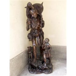 Varia : Skulptur. Lindenholz. Lebensgroße Figurengruppe. Lendenschurz bedeckter Jäger mit geschulter