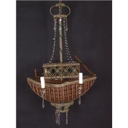 Möbel - Einrichtung : Glaslüster. Ovales, bootsähnliches Gestell mit vier geschweiften Leuchterarmen