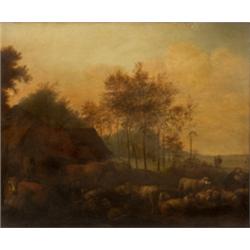 Gemälde - Graphik : Niederlande, 2. H. 17. Jh. Vor einem Gehöft ruhende Schafherde und Rinder in abe