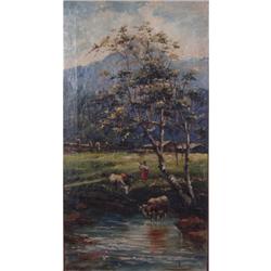 Gemälde - Graphik : Giordano Italo. 19./ 20. Jh. Gebirgslandschaft. Im Vordergrund Rinder an der Trä