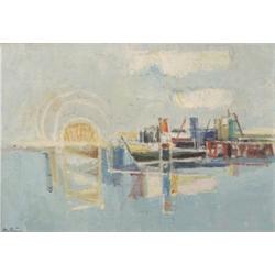 Gemälde - Graphik : Russ, A. Reichenberg/Böhm. 1915-1996 Bayreuth. Sonnenaufgang am Meer mit Frachts