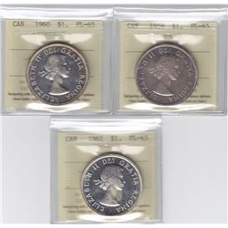 3 Canadian ICCS Graded PL-65 Silver $1 Dollars - 1959 - 1961