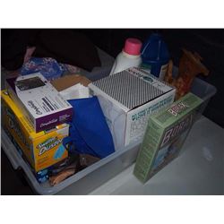 Box Of Misc. Items, Borax, Swiffer, Plastic Cutlery, Plastic Container, Wood Decoration, Etc.