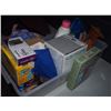 Image 1 : Box Of Misc. Items, Borax, Swiffer, Plastic Cutlery, Plastic Container, Wood Decoration, Etc.