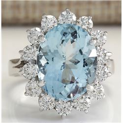 6.96CTW Natural Aquamarine And Diamond Ring In 14K Solid White Gold