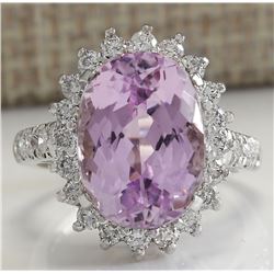 9.96CTW Natural Kunzite And Diamond Ring In 14K Solid White Gold