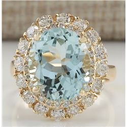 7.53CTW Natural Aquamarine And Diamond Ring In 14K Solid Yellow Gold