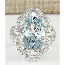 6.97 CTW Natural Aquamarine And Diamond Ring In 14k White Gold