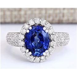 4.75 CTW Natural Blue Sapphire And Diamond Ring In 14k White Gold