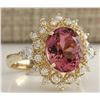 Image 2 : 4.61CTW Natural Pink Tourmaline And Diamond Ring 14K Solid Yellow Gold