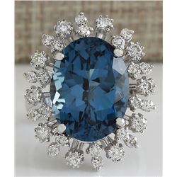 13.13Ct Natural London Blue Topaz And Diamond Ring In14K Solid White Gold