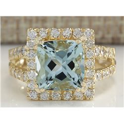 4.13CTW Natural Aquamarine And Diamond Ring In 14K Solid Yellow Gold