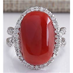 11.44 CTW Natural Red Coral And Diamond Ring In 14k White Gold