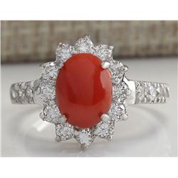 2.35CTW Natural Red Coral And Diamond Ring 14K Solid White Gold