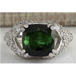 7.93CTW Natural Green Tourmaline And Diamond Ring 14K Solid White Gold