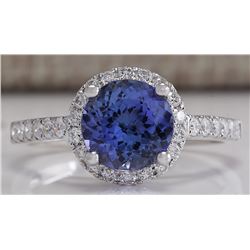 2.17 CTW Natural Blue Tanzanite And Diamond Ring In 14K Solid White Gold