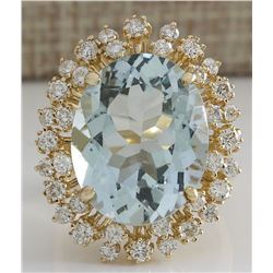 13.65CTW Natural Aquamarine And Diamond Ring In 14K Solid Yellow Gold