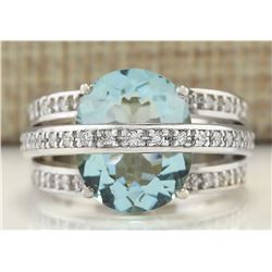 6.40CTW Natural Aquamarine And Diamond Ring In 14K White Gold