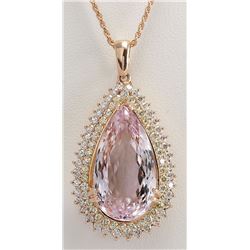 38.92CTW Natural Kunzite And Diamond Pendant In 14K Solid Rose Gold