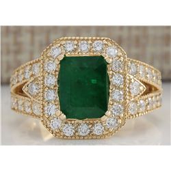 3.60CTW Natural Emerald And Diamond Ring In 14K Solid Yellow Gold