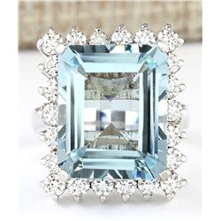 12.71 CTW Natural Aquamarine And Diamond Ring In 14K Solid White Gold