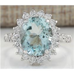 4.46CTW Natural Blue Aquamarine And Diamond Ring 14K Solid White Gold