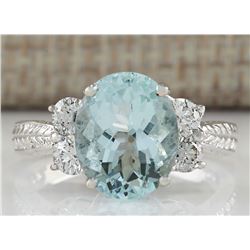 4.03CTW Natural Blue Aquamarine Diamond Ring 14K Solid White Gold