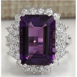 7.75CTW Natural Amethyst And Diamond Ring In 14K Solid White Gold