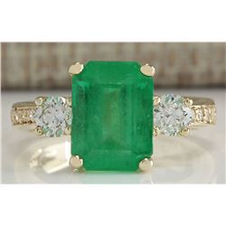 4.70CTW Natural Colombian Emerald And Diamond Ring 14K Solid Yellow Gold