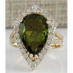 7.48CTW Natural Green Tourmaline And Diamond Ring In 14K Yellow Gold
