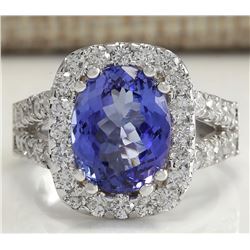 5.62CTW Natural Blue Tanzanite And Diamond Ring 14K Solid White Gold