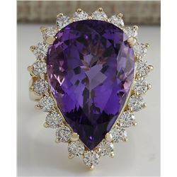 17.67CTW Natural Amethyst And Diamond Ring In 14K Solid Yellow Gold