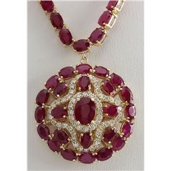 55.35CTW Natural Ruby And Diamond Necklace In 14K Yellow Gold