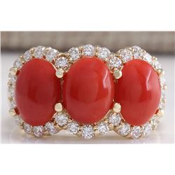 5.30CTW Natural Red Coral And Diamond Ring 14K Solid Yellow Gold