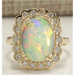 2.95CTW Natural Opal And Diamond Ring In 14K Solid Yellow Gold