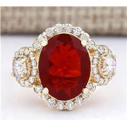 4.49 CTW Natural Mexican Fire Opal And Diamond Ring In 14k Yellow Gold