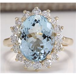 6.50CTW Natural Aquamarine And Diamond Ring 14K Solid Yellow Gold
