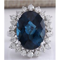 12.99Ct Natural London Blue Topaz And Diamond Ring In14K Solid White Gold