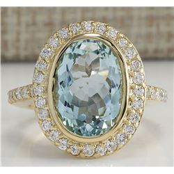 6.35CTW Natural Aquamarine And Diamond Ring In 14K Solid Yellow Gold