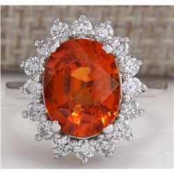 5.91Ct Natural Mandarin Garnet And Diamond Ring In14K White Gold