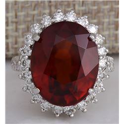 18.43Ct Natural Red Hessonite Garnet And Diamond Ring In 14K White Gold