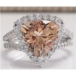 5.27CTW Natural Peach Morganite And Diamond Ring In 14K Solid White Gold