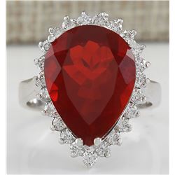 7.27CTW Natural Mexican Fire Opal And Diamond Ring In 14K White Gold