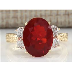 3.88CTW Natural Mexican Fire Opal And Diamond Ring In 14K Yellow Gold